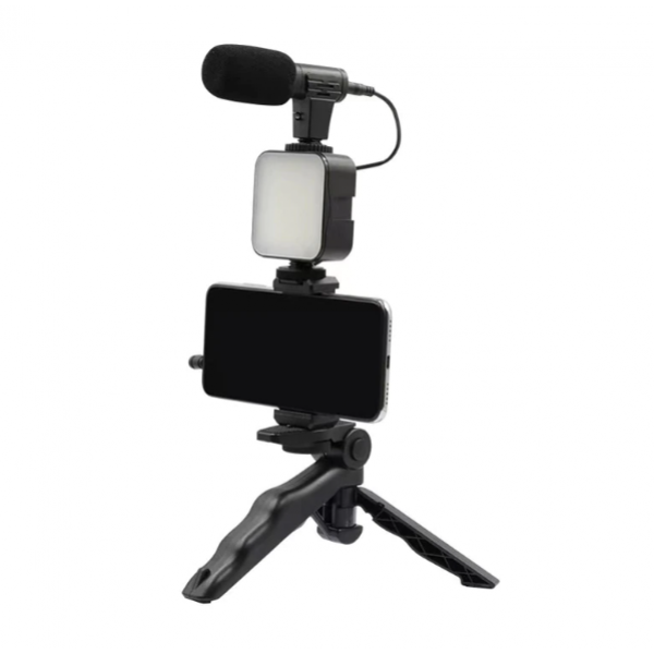 Set pentru vlogging/streaming, trepied, microfon, suport telefon, lumina LED