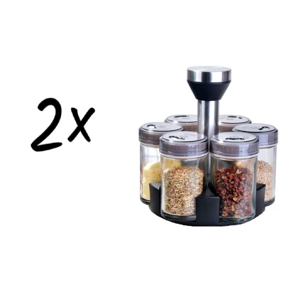 OFERTA 1+1 Set 6 recipiente din sticla pentru condimente cu suport rotativ