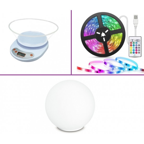 PACHET 3 PIESE Cantar digital de precizie pentru bucatarie, Banda luminoasa LED - 5 metri si Veioza moderna alba sfera din sticla