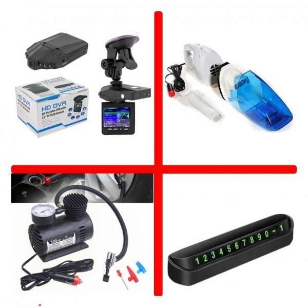 PACHET COMPLET PENTRU AUTO, CAMERA AUTO DVR + ASPIRATOR PORTABIL, COMPRESOR AUTO SI SUPORT DE AFISARE NUMAR